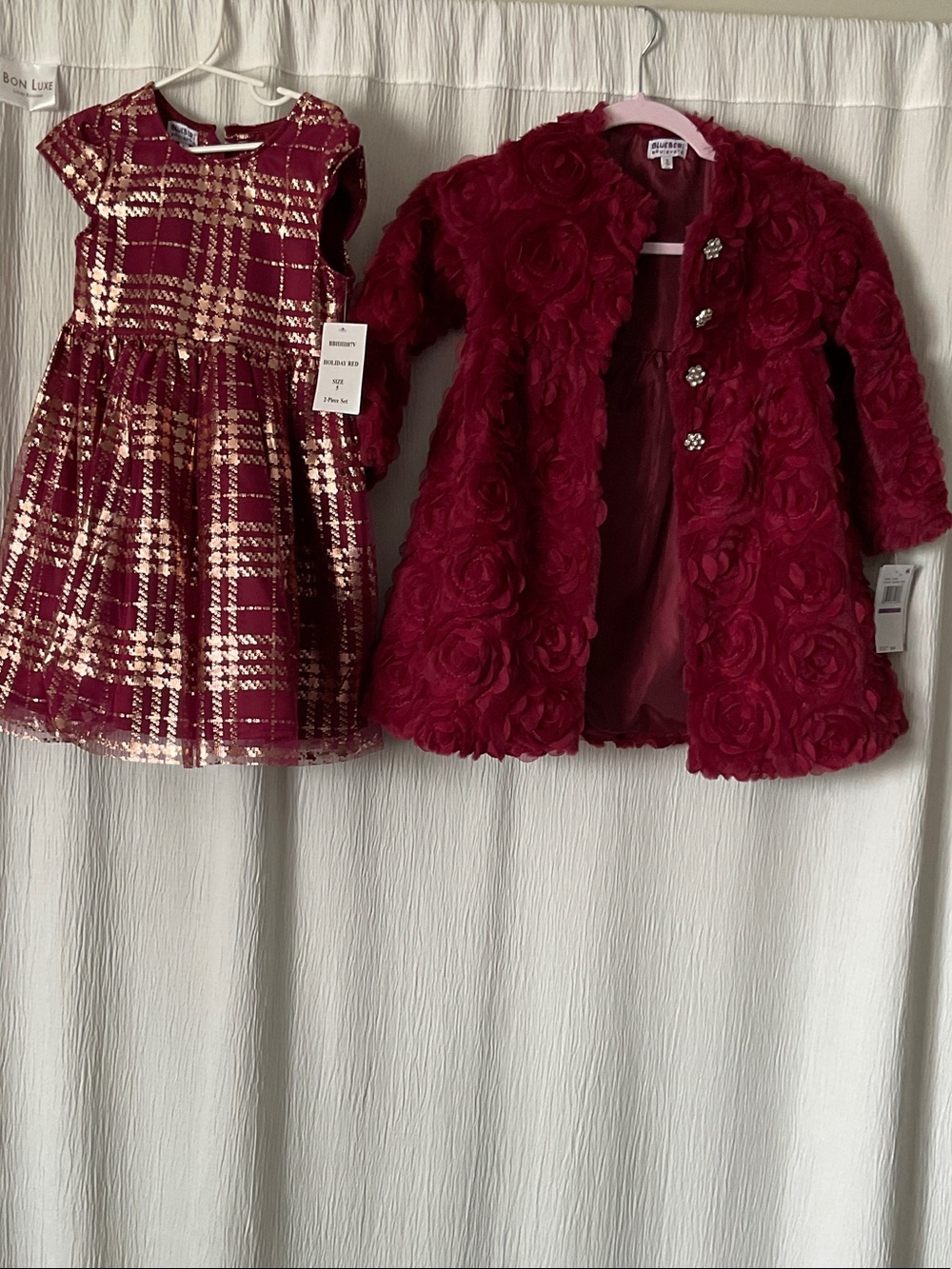 Blueberi Boulevard Burgundy Gold Plaid Dress with Rosette Coat